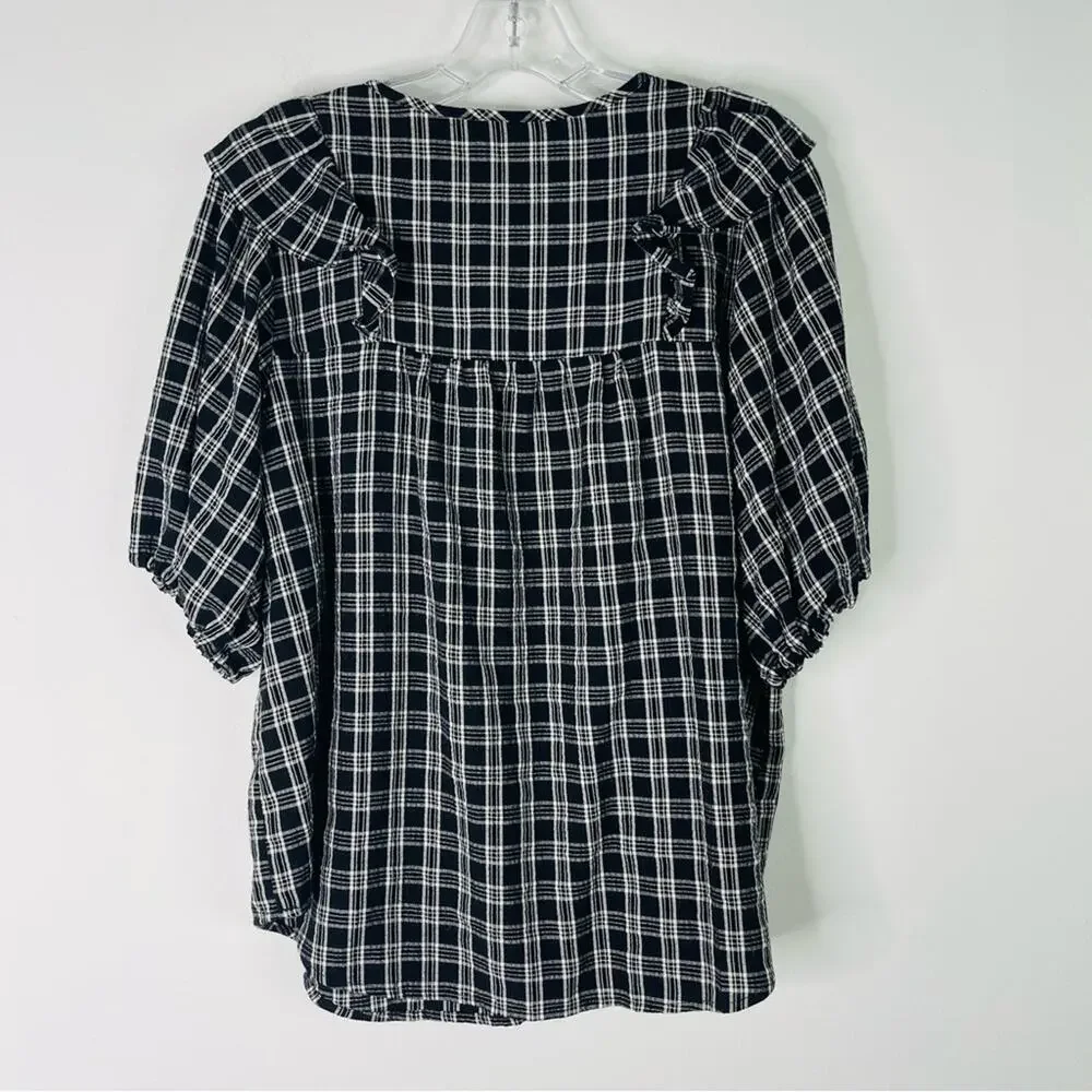 Loft black white plaid ruffle preppy cottagecore popover top large